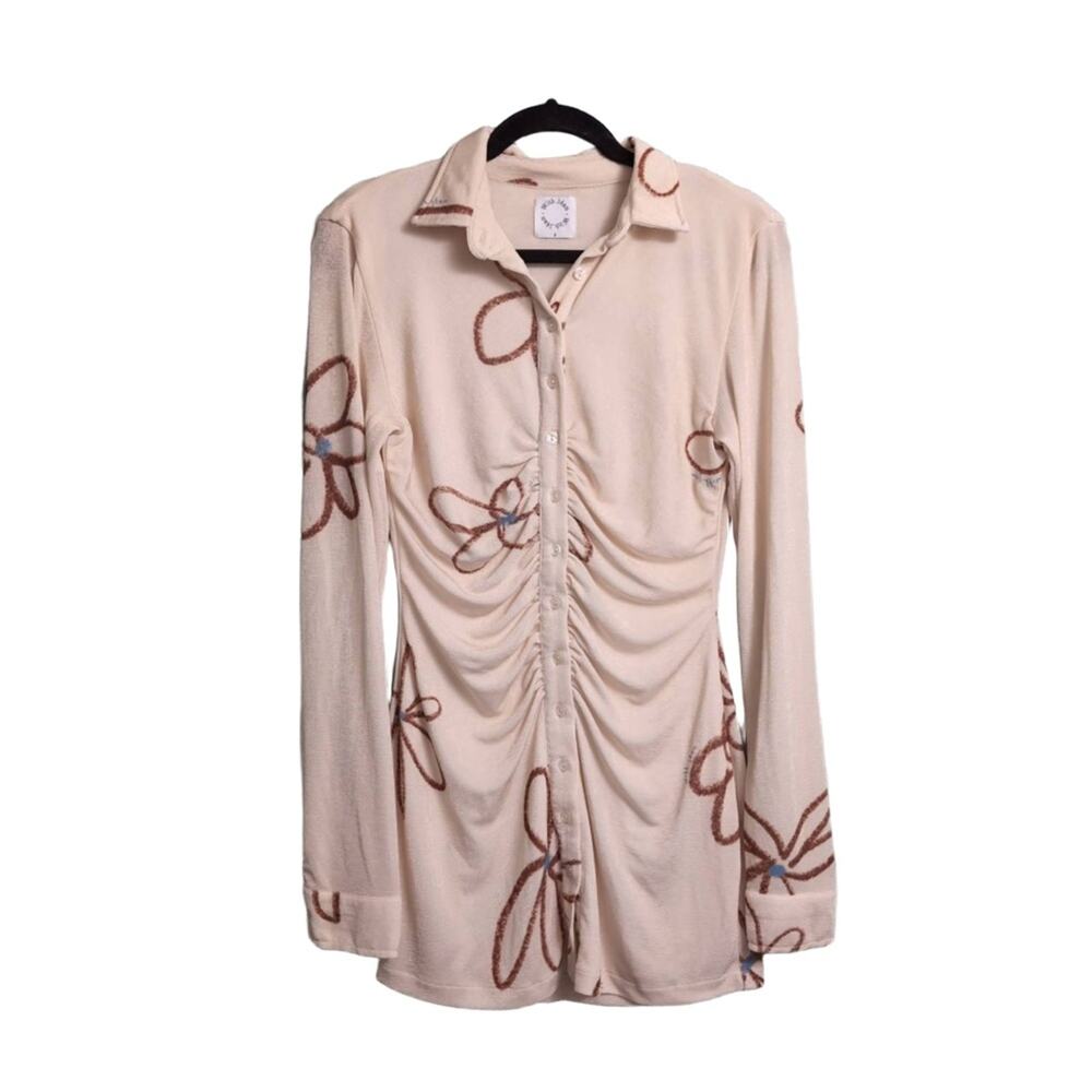 With Jean Andy Dress Chalk and Flowers Cream Floral Ruched Long Sleeve Mini S